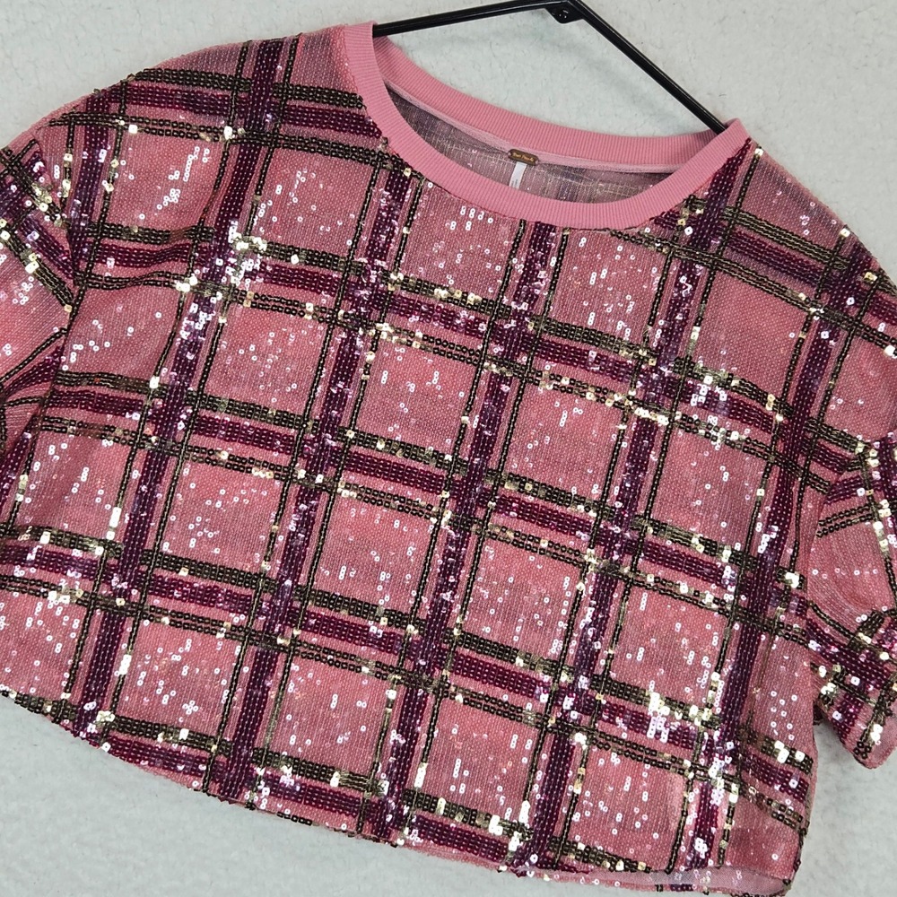 Free People Womens Sequin Plaid Crop Top Small Pink Gold Mesh Shirt Disco S